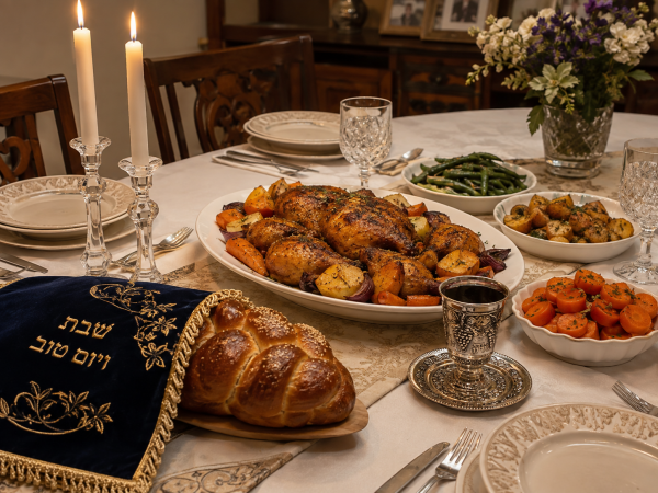 Shabbat table set with candles, challah, and a festive meal