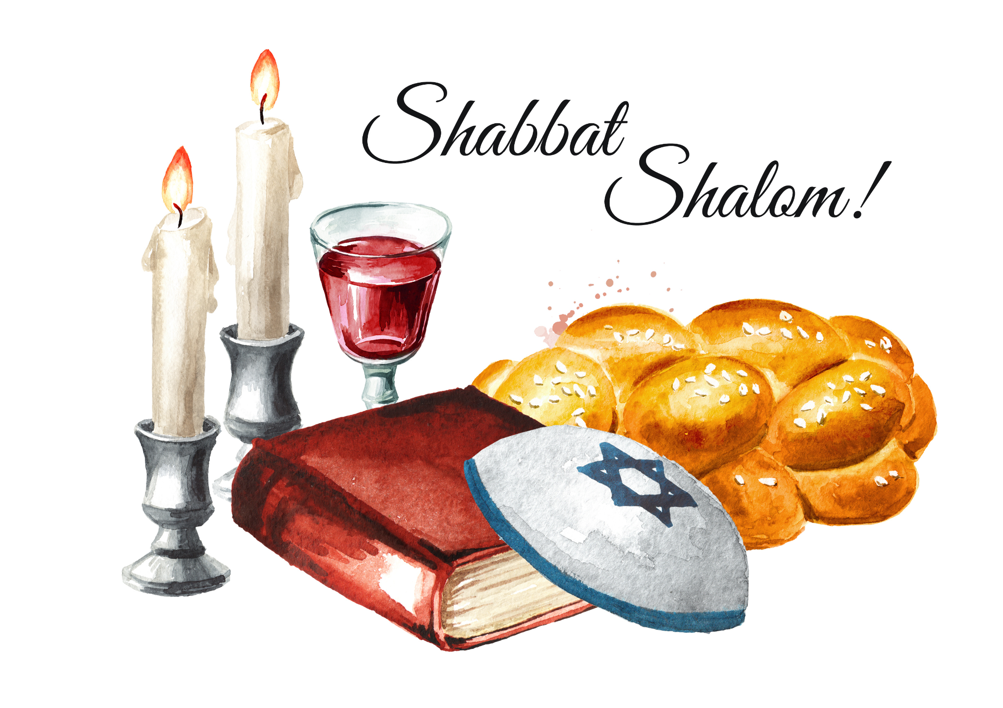 Illustration of Shabbat candles, challah, and kiddush